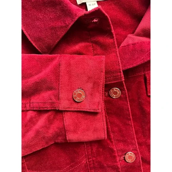 DENIM & CO RED STRETCH VELVETEEN PETITE LONG JACKET NWOT - Picture 5 of 8